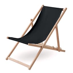 A deck chair with a wooden frame and a black fabric seat, designed for outdoor relaxation.