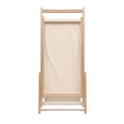 A wooden framed lounge chair with a beige fabric sling, showcasing a minimalist design and light colour palette.