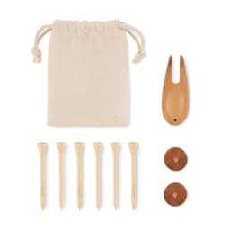 A bamboo golf tee set featuring a drawstring bag, seven wooden tees, and two wooden markers.