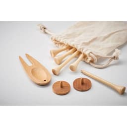 A collection of wooden golf tees, a tee holder, and a wooden ball marker in a fabric bag. The items are natural wood tones.
