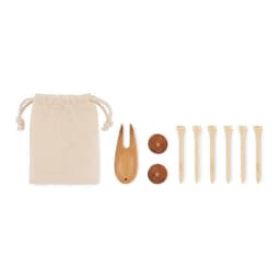 A set of wooden golf tees and a marker, packaged with a beige drawstring pouch.
