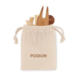A natural fabric pouch with a drawstring, containing various wooden utensils and tools. It features a logo on the front.