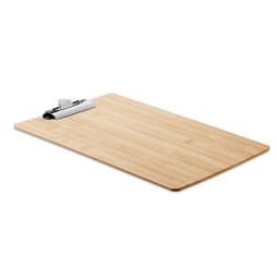 A clipboard with a metal clip atop a smooth bamboo surface, showcasing natural wood tones.