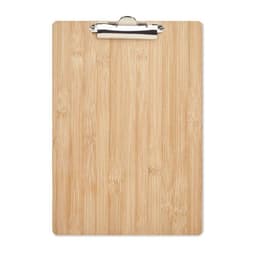 A bamboo clipboard with a metallic clip at the top. The surface has a natural wood finish.