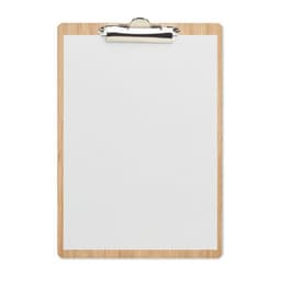 A wooden clipboard with a metal clip, featuring a blank white surface for notes or drawings.