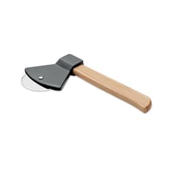A pizza cutter with a grey blade and a wooden handle, designed in the shape of an axe.