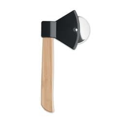 A pizza cutter with a black head and a bamboo handle, featuring a round stainless steel blade.