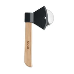 A pizza cutter with a black blade and a bamboo handle featuring a logo. The design is sleek and modern.