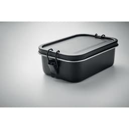 A black lunchbox with a secure lid and clips, featuring a sleek design and a subtle branding element.
