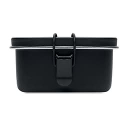 A sleek black lunchbox with a silver clasp, featuring a minimalist design and smooth finish.