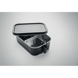 A black lunchbox with a stainless steel interior and a clear lid, featuring a secure fastener.