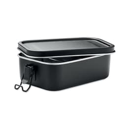 A black lunchbox with a removable lid and a clip closure. It features a sleek design and has a small logo.