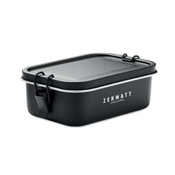 A black lunchbox with a rectangular shape and a secure lid, featuring a branding logo on the side.
