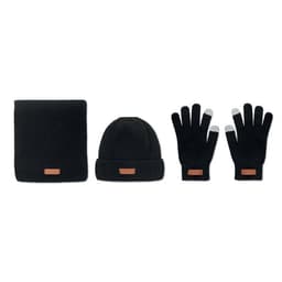 A set of winter accessories in black, including a scarf, beanie, and gloves, featuring a logo.