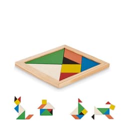 A tangram puzzle set with a wooden frame, featuring colourful geometric pieces in green, red, blue, yellow, and white.