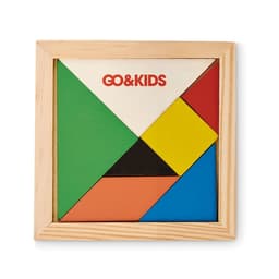 A wooden tangram puzzle featuring colourful geometric shapes in green, red, yellow, blue, black, and orange.