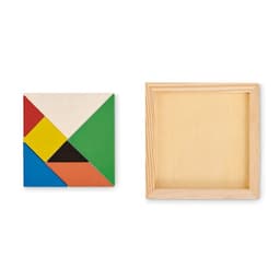 A tangram puzzle set featuring colourful geometric shapes, with a wooden frame for storage.