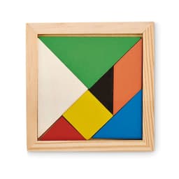 A tangram puzzle featuring various geometric pieces in green, white, black, yellow, red, and blue within a wooden frame.