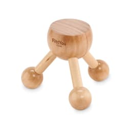 A wooden massage tool with a round top and three rounded legs, featuring a logo.