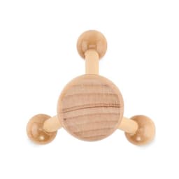A wooden model demonstrating a molecular structure, featuring a central round base with three spheres attached.