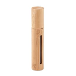 A drink bottle made of bamboo with a rounded design and a small viewing window. It features a wooden lid.