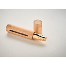 A drink bottle with a bamboo exterior, gold accents, and a removable cap, featuring a small window.