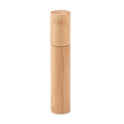 A drink bottle made of bamboo, featuring a cylindrical shape and a lid. It has a logo.