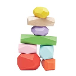 A stack of colourful wooden blocks in various shapes, including yellow, pink, green, blue, and red.