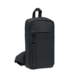 A black sling bag with a front pocket and adjustable strap, featuring a sturdy handle on top.