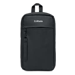 A black backpack featuring a front zip pocket and a handle on top, with a logo on the front.