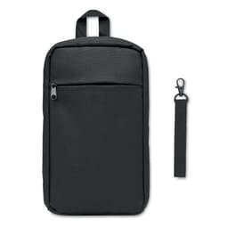 A black promotional bag featuring a zippered front pocket and a detachable strap next to it.
