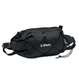 A black waist bag with a logo, featuring adjustable straps and a bungee cord design for secure storage.