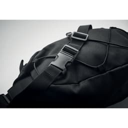 A black backpack with adjustable straps and a buckle closure. The fabric is durable and features minimalistic design elements.