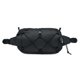 A black waist bag featuring adjustable straps and an exterior bungee cord design. It has a logo on the surface.