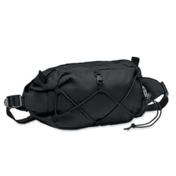 A black waist bag featuring adjustable straps and an elastic cord design, with a zippered compartment.