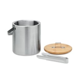 A drink bottle in stainless steel with a wooden lid and tongs beside it. The design is sleek and modern.