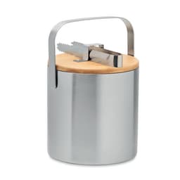 A drink bottle with a stainless steel body and a wooden lid, featuring a metal handle and a built-in strap.