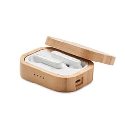 A charging case made of bamboo, containing white wireless earbuds inside, with indicator lights on the front.
