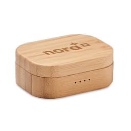 A bamboo box with a smooth finish and a logo, featuring a rounded rectangular shape.