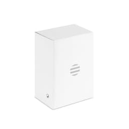 A white product box with a circular logo on the front. The design is simple and sleek.