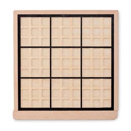 A wooden Sudoku board featuring a grid with nine squares, each divided into smaller sections.