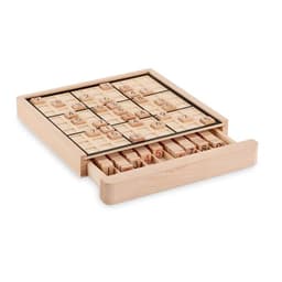 A wooden Sudoku board featuring a grid with numbers and a drawer for storing additional pieces.