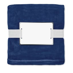 A folded navy blue blanket secured with a white strap, featuring a blank tag on the front.