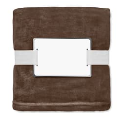 A brown blanket neatly folded and secured with a white band, featuring a blank label in the centre.