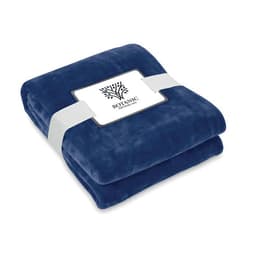 A folded navy blue blanket with a white band, featuring a logo on the label.