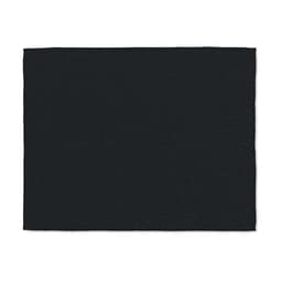 A black promotional blanket with a textured fabric, featuring a simple design and a logo in one corner.
