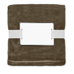 A soft, brown fleece blanket wrapped with a white band and a blank label in the centre.