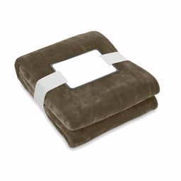 A folded brown blanket secured with a white ribbon, featuring a blank card in the centre.