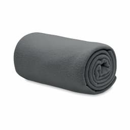 A rolled grey fleece blanket, neatly arranged and featuring a smooth texture. It has a simple design without extra embellishments.