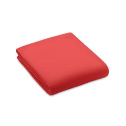 A red blanket folded neatly, showcasing its soft texture and vibrant colour. It has no visible branding.